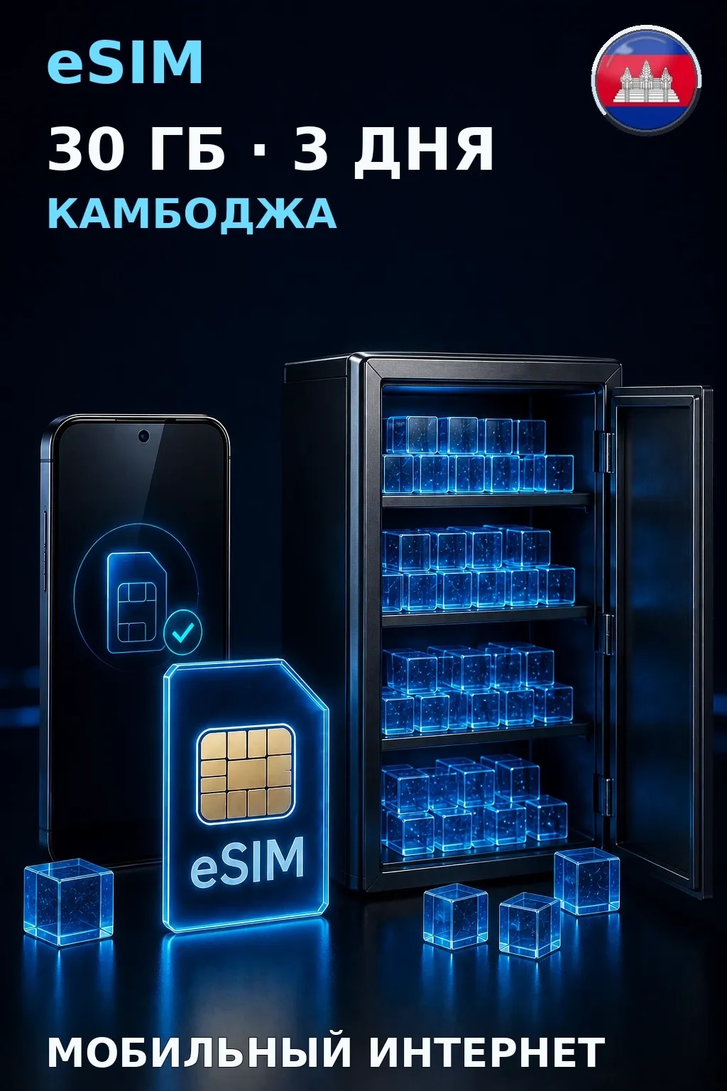 eSIM Камбоджа — 30 ГБ, 3 дня — интернет